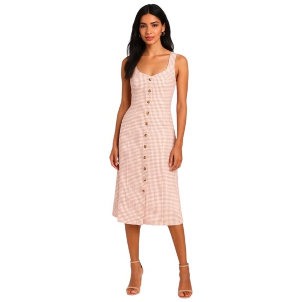 Lulu's XS White Pink Checkered Sleeveless Button Down Midi Dress